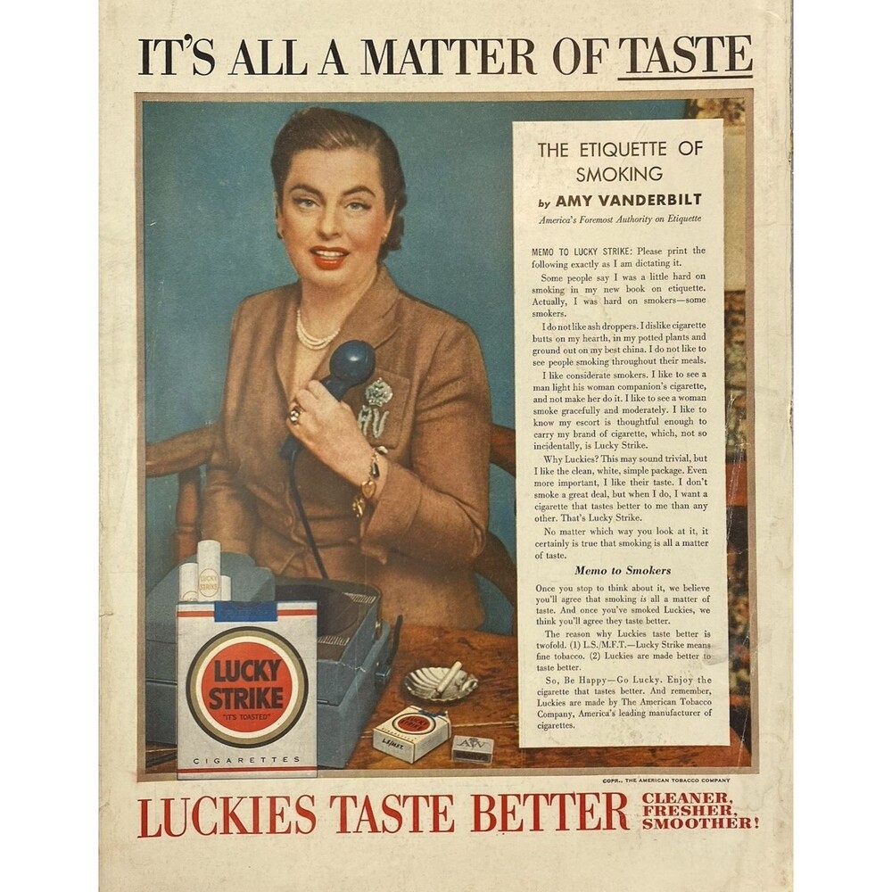 Lucky Strike Cigarettes Taste Better says Amy Vanderbilt Etiquette Expert Ad '54